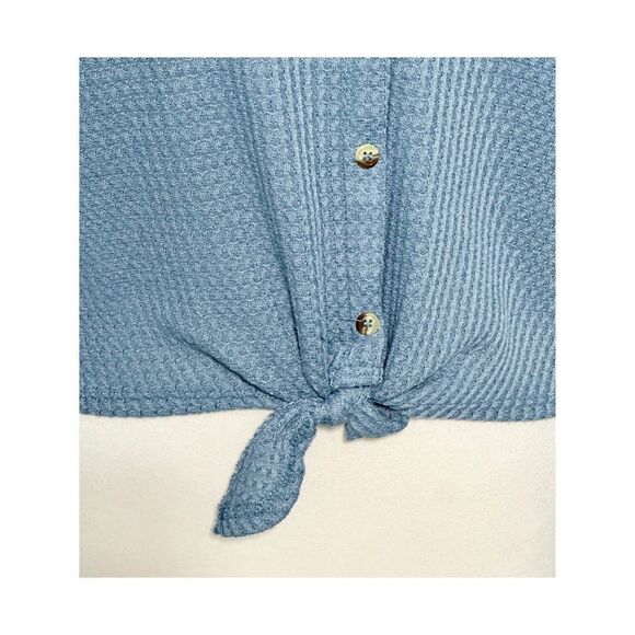 Crown of Hearts Women's Salina Tie Front Button-Down Waffle Knit Top Blue Large - Picture 3 of 11